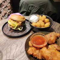 Sweet and sour chicken, burger and tots at Wholesome Junkies in Manchester