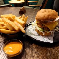 Fried cauliflower burger, fries, spicy mayo at Wholesome Junkies in Manchester
