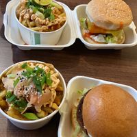 KFC burger, beef-less burger, thai chips and katsu chips at Wholesome Junkies in Manchester