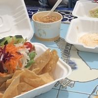 Avocado pita (front), half a sandwich (I forget which one) and chunky cauliflower soup. at The Stand Natural Foods in Laguna Beach
