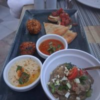 Hummus, eggplant salad, harissa, falafel, fennel pies and bruschettas at Avocado in Crete