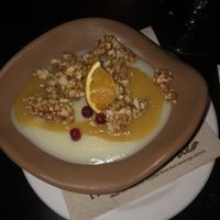 Vanilla cream pudding with almond brittle at Avocado in Crete