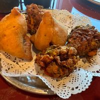 Assorted Platter (Veganized) - one extra vegetable pakora instead of paneer pakora at India Oven in Cathedral City