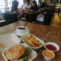 falafel burger and fries with coffee at Planted - Cloud Kitchen in Metro Manila