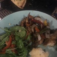 Salt and pepper mock duck with olive oil garlic bread. Yum.  at Rustica in Torrevieja