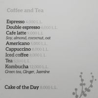 Coffee and tea menu at Orenda in Beirut