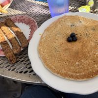 Blueberry pancakes with a side of tempeh bacun  at The Toasted Owl Cafe - Cortland Blvd in Flagstaff