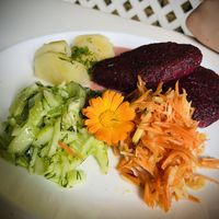 Beetroot “burger” no bun, but loads of fresh veggies .  at Vilties Vaistinės Arbatine in Kaunas