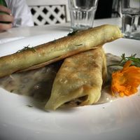 Mushroom crepes. Loved the sauce.  at Vilties Vaistinės Arbatine in Kaunas
