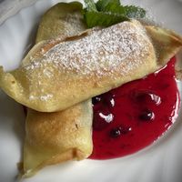 Banana cinnamon crepes and berries sauce. Berry yummy!  at Vilties Vaistinės Arbatine in Kaunas