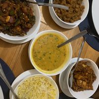 Chana masala, red lentils, okra, jack fruit &plain rice   at United Kitchens of India in Vilamoura