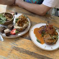 Left is lunch plate with carrot lox, right is chickpea tuna   at Plants & Cakes in Frankfurt