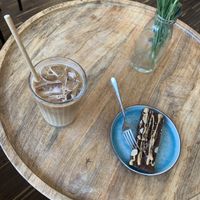 Iced Cappuccino with oatly oat milk and their snickers bar  at Plants & Cakes in Frankfurt