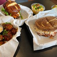 BBQ Wingz, Buffalo Chikun Sandwich, Reuben, Mac and Cheeze (aka the best meal of our lives) at Seitan's Realm in Columbus