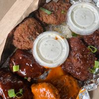 vegan wing fllight: BBQ, Buffalo, General Tso's, and Garlic Parmesan
 at Seitan's Realm in Columbus