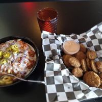 fried pickles and chili mac and cheese all vegan of course.  at Seitan's Realm in Columbus