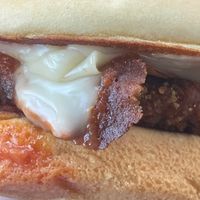 Closeup of the chicken parm sandwich (with added bacon) at Seitan's Realm in Columbus