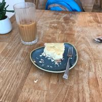 Vegan bakewell and iced coffee with soy  at The Mitre in Norwich