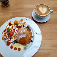 Pancakes and oatmilk latte at FRØ in Tromsoe