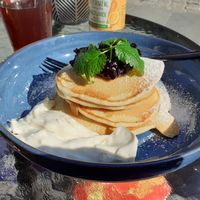 Pancakes with blueberry marmalade and citrone cream. at FRØ in Tromsoe