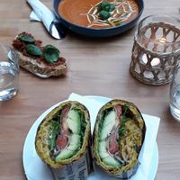 Vegetables waffle sandwich and tomato soup with tomato pesto at FRØ in Tromsoe