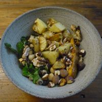 Small bowl with lentils, chickpeas, cilantro, nuts, potatoes and sweet potatoes- very delicious !  at ÆNDRÈ in Hamburg