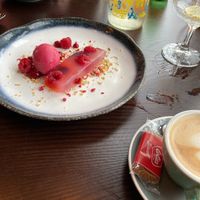 Elderflower jelly with granola, strawberry jus and raspberry sorbet at Bank House  in Hathersage