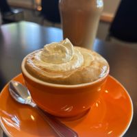 Cappuccino with vegan whipped cream and housemade hemp coconut milk. Also a New Orleans cold brew coffee with oatmilk    at Retrograde Coffee Roasters in Sebastopol
