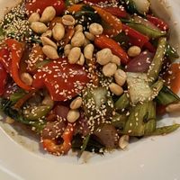 Earls ~mood lighting~ isn’t the best for food pics, but lots of veggies n’ a good sauce  at Earls Kitchen + Bar - Robson in Vancouver