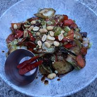 Kung pao veggies with brown rice & chiles on the side  at Earls Kitchen + Bar - Robson in Vancouver