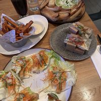 Angry tofu lettuce wraps, sushi tacos and yam fries. NOTE: spinach dip and dipping sauce for fries are not vegan  at Earls Kitchen + Bar - Robson in Vancouver