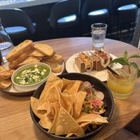Sushi tacos and vegan street corn and avocado dip (note spinach dip is not vegan)  at Earls Kitchen + Bar - Robson in Vancouver