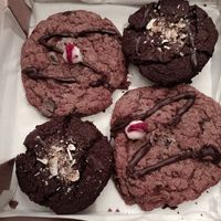 Chocolate orange bottom left and top right, strawberries & cream top left and bottom right at The After School Cookie Club in East London