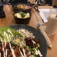 Bubble and squeak cakes. Vegan truffle tots. Burrito bowl. Pineapple, hibiscus, mango and coconut milk fruit shakes.   at BEAR in Derby