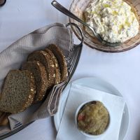 Vegan tzatziki and eggplant salad with whole barley bread  at Amaltheia in Katerini