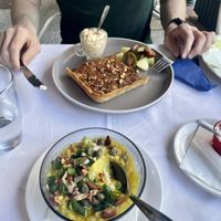 Vegan fava (front) & vegan savoury pie with vegan tzatziki (back)  at Amaltheia in Katerini