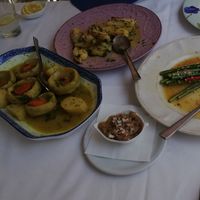 Fresh artichokes, tarragon potatoes with courgette, asparagus in orange sauce with nuts and mild red pepper at Amaltheia in Katerini