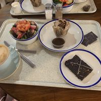 Mushroom nut roast with a bowl of salad and vegan dressing, chocolate orange vegan brownie and oat milk latte. Delicious!  at Webbs in Droitwich Spa