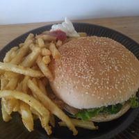 Chicken cheeseburger and fries at FTP Vegan Eats in Rotorua