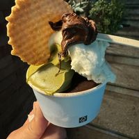 Chocolate, pistachio (rich and creamy), lemon basil and a sample spoon of Nutella (also rich and creamy)  at Panna e Liquirizia in Rome