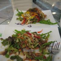 mushroom stem salad (foreground) and phad thai (rear). so fresh and so clean! at Ariya Organic Cafe in Bangkok