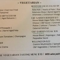 Vegetarian menu. Burger can also be made vegan but it will come with veggies instead of bun.  at Cork & Flame in Evans