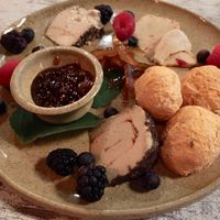 Papa mountain brand vegan cheese plate with vegan sweet potato bread, pickled watermelon rind & fig jam.  at Cork & Flame in Evans