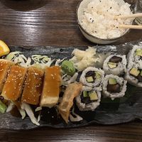 Bento with tofu terriyaki, veg roll, rice and salad  at Sumo Sushi Boat in Los Altos