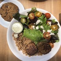 Ancient faro bowl with vegan sausage  at Lofty Coffee in San Diego