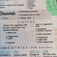 Menu - lots of plant milk to choose from at Las Robles in Puerto Morelos