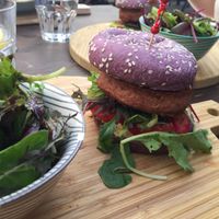 Vegan burger and salad at Bla Bla in Vevey