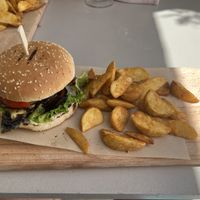 Vegan burger (full of med veg) and wedges  at Kritamo in Rhodes