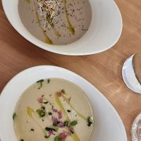 Soups of the day: Greek cream of sprouted chickpeas & Smoked cream of portobello mushrooms at 3 4 4 in Alicante