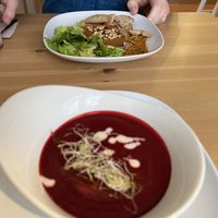 Crème of beetroot soup and tomato pate starters  at 3 4 4 in Alicante